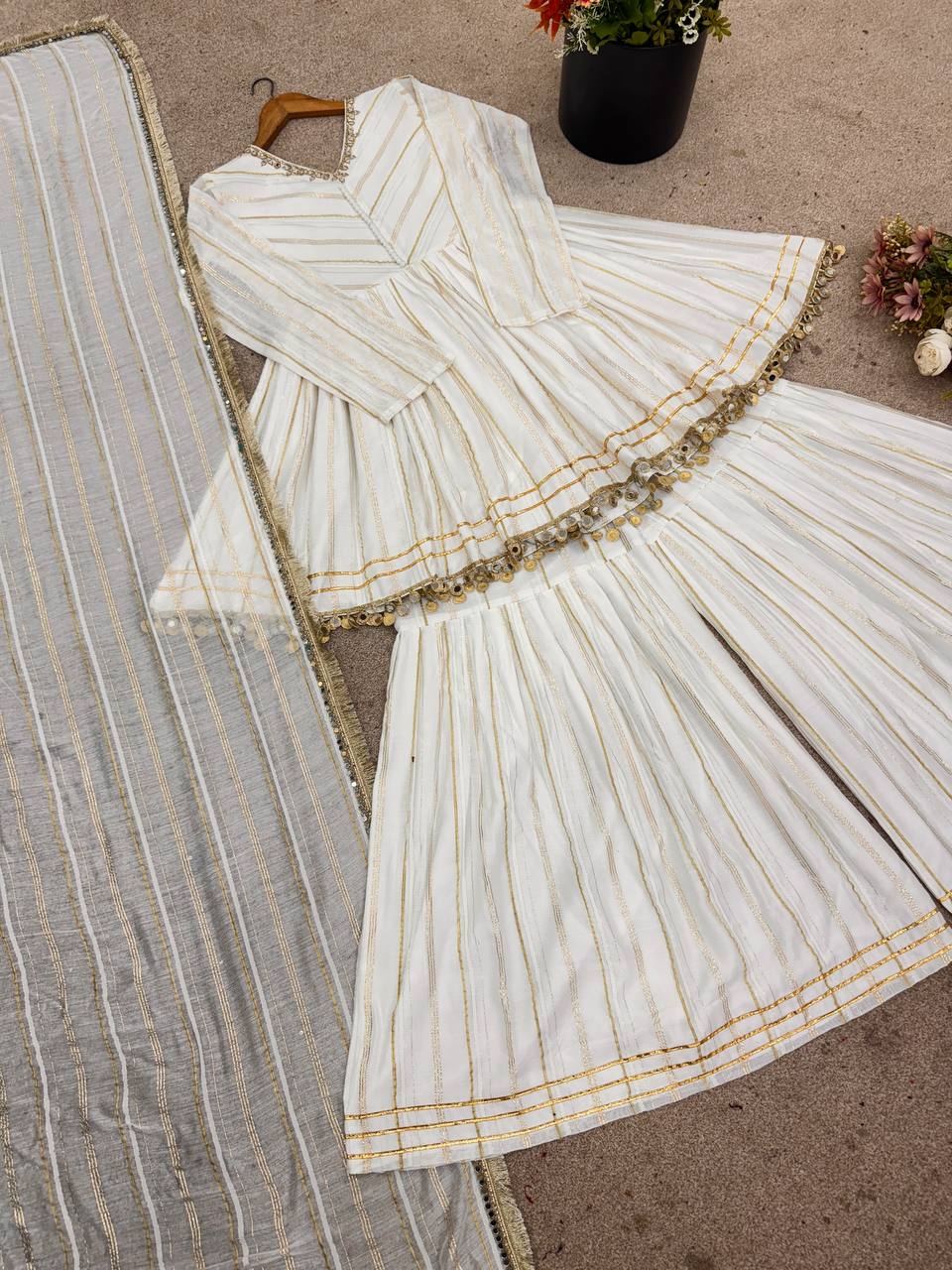 White Mal Chanderi Sharara Suit with Mirror Work