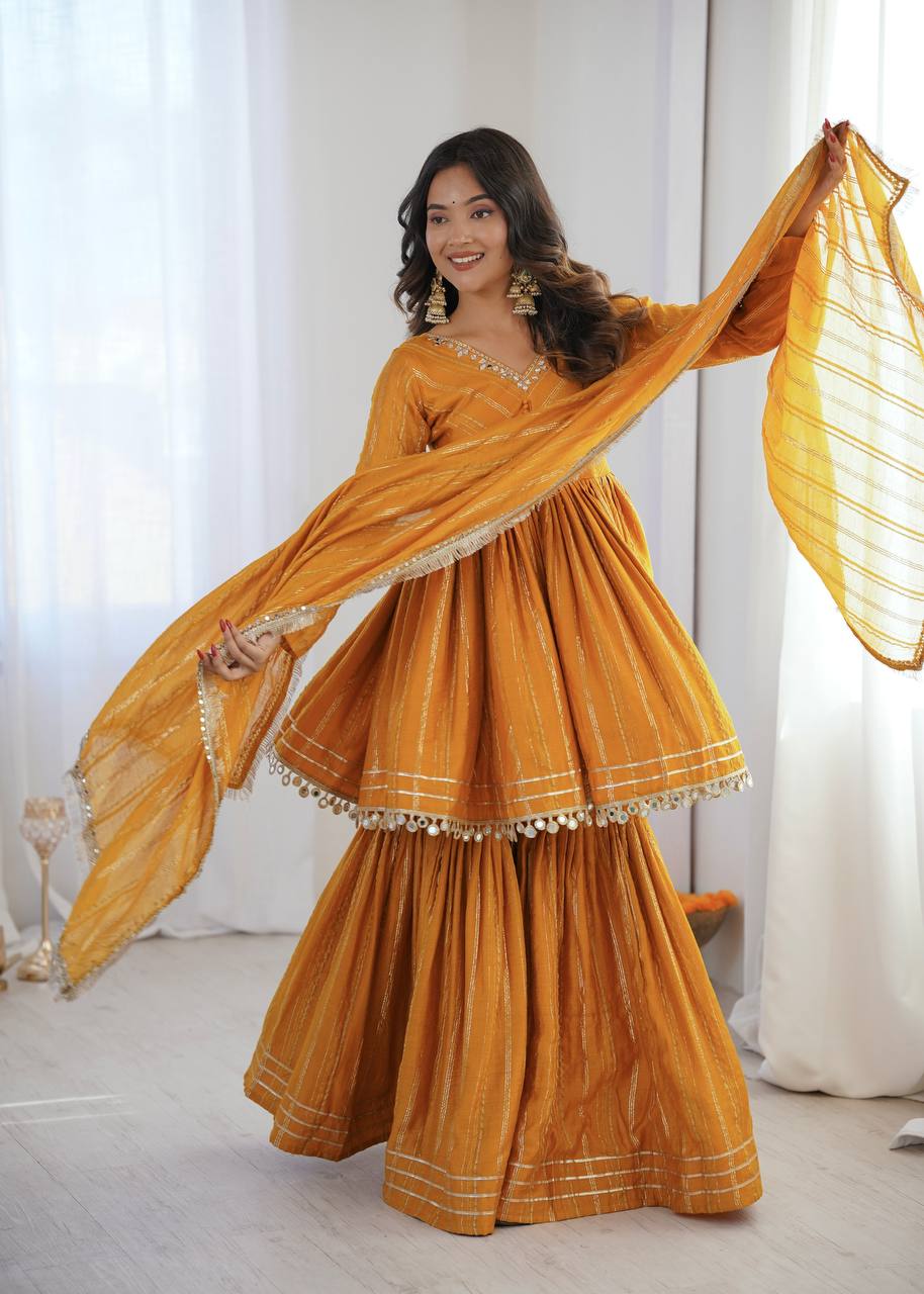 White Mal Chanderi Sharara Suit with Mirror Work