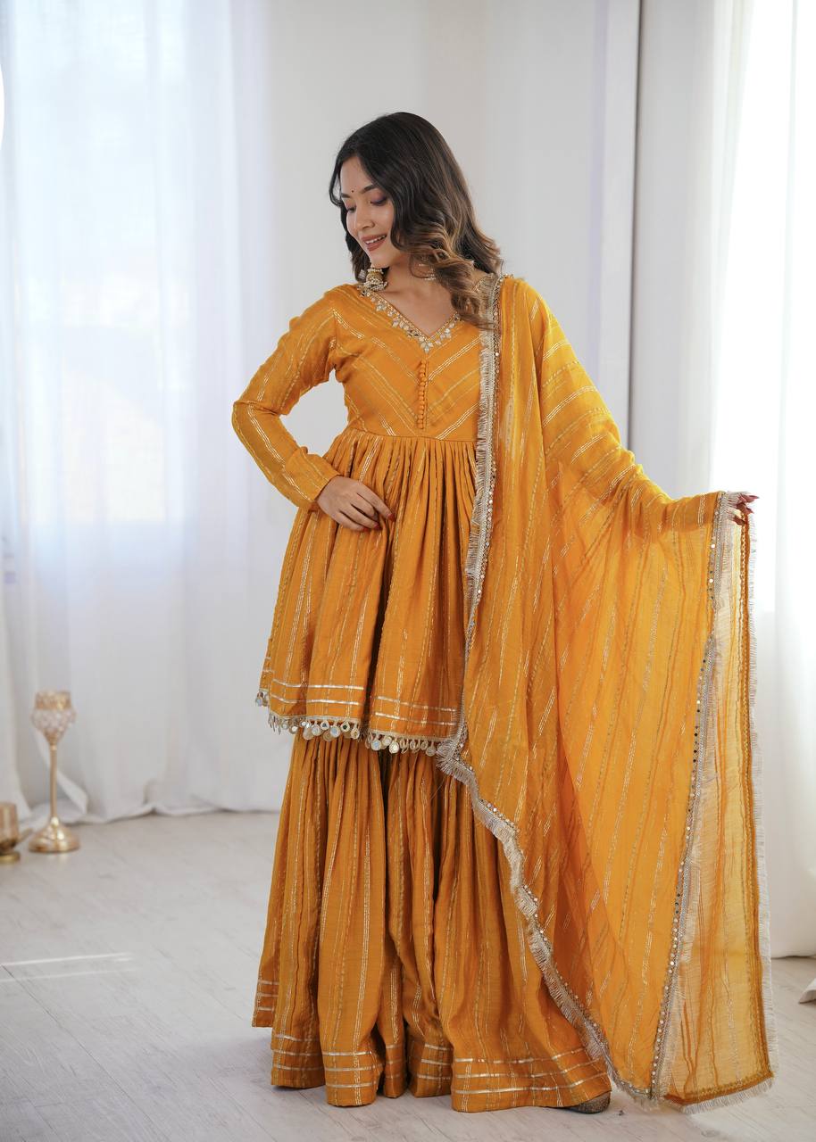 White Mal Chanderi Sharara Suit with Mirror Work