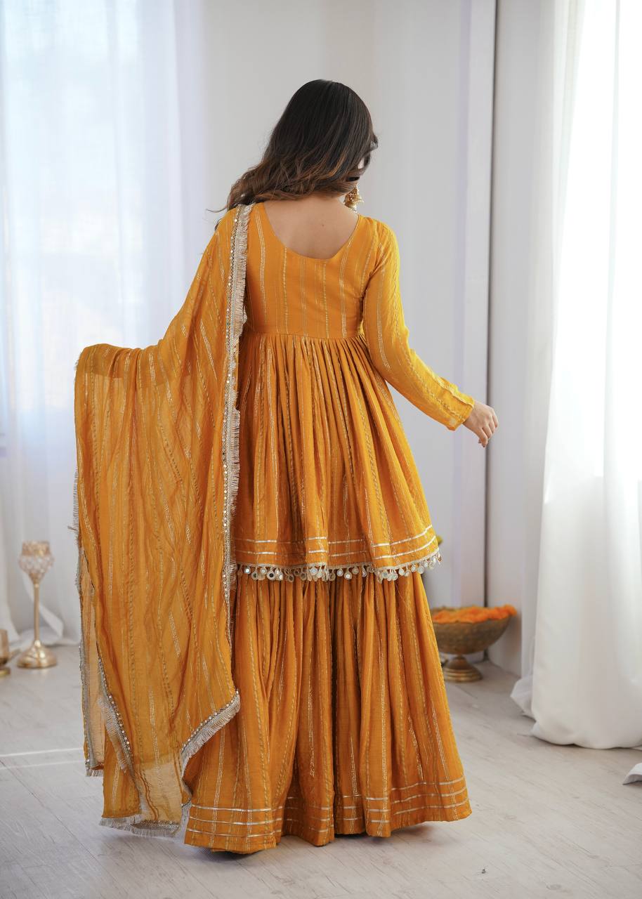 White Mal Chanderi Sharara Suit with Mirror Work