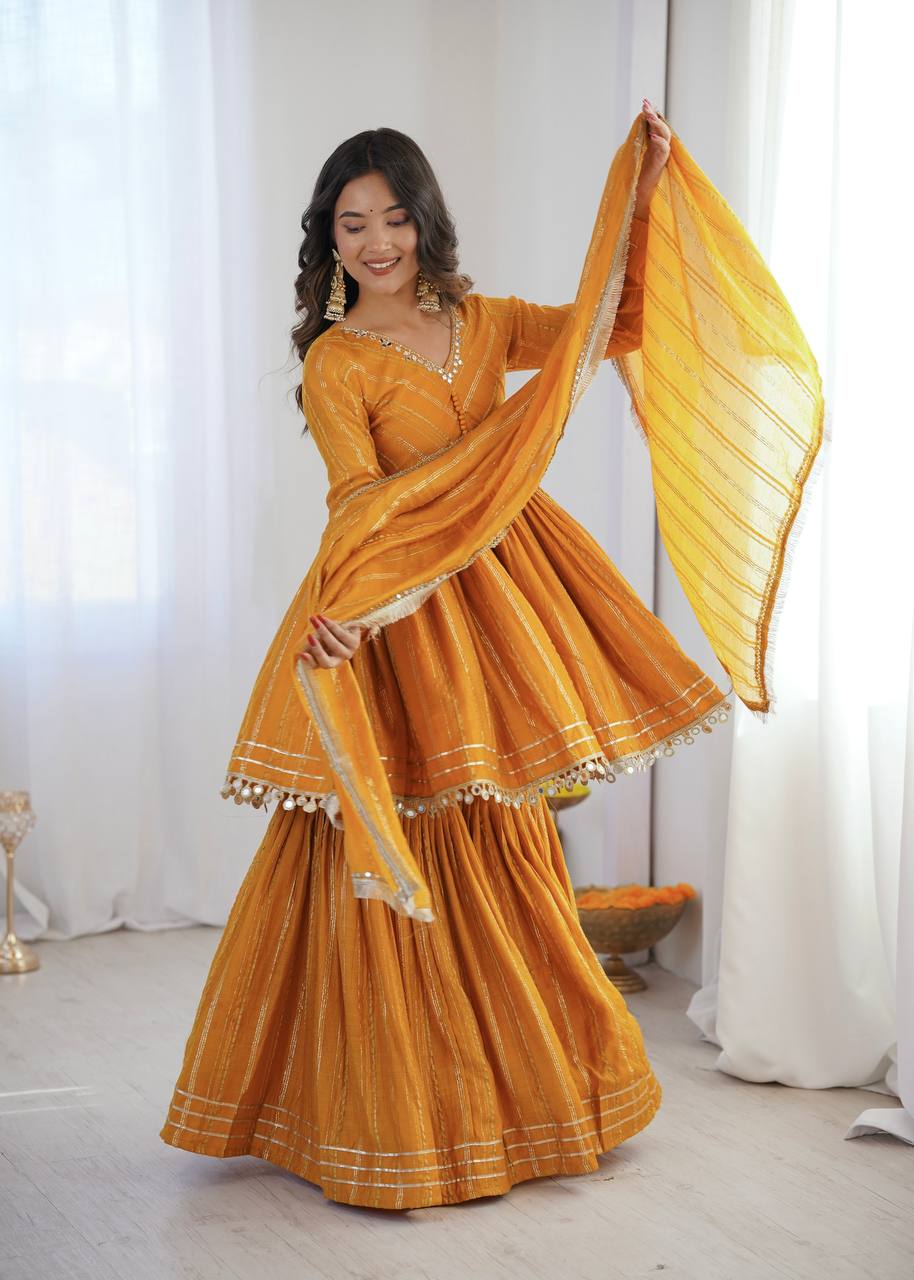 White Mal Chanderi Sharara Suit with Mirror Work