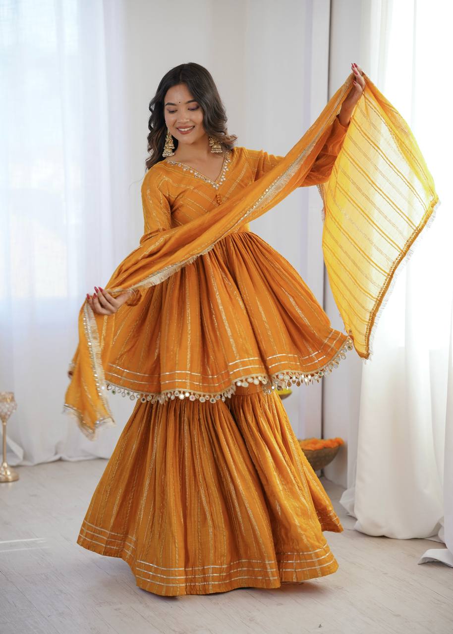 White Mal Chanderi Sharara Suit with Mirror Work