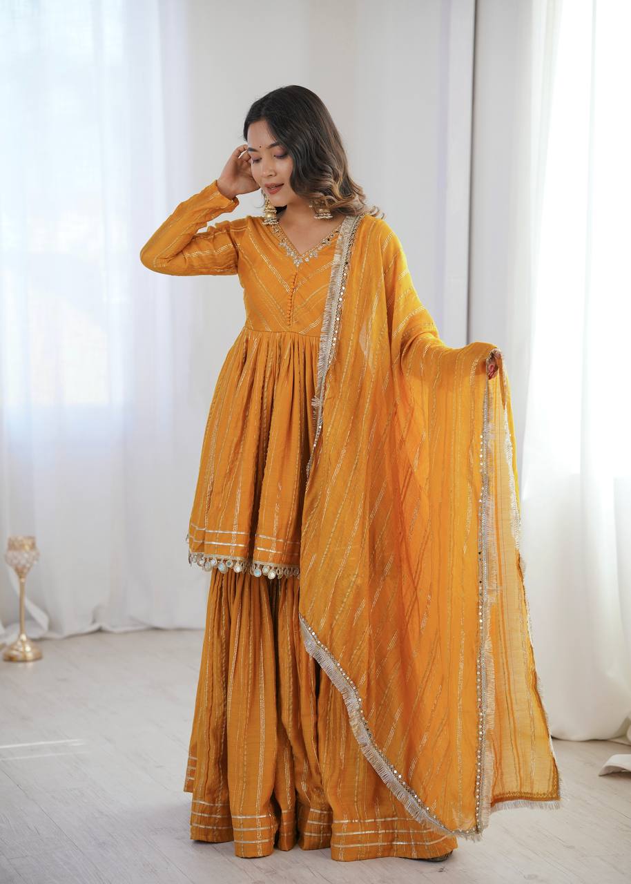 White Mal Chanderi Sharara Suit with Mirror Work