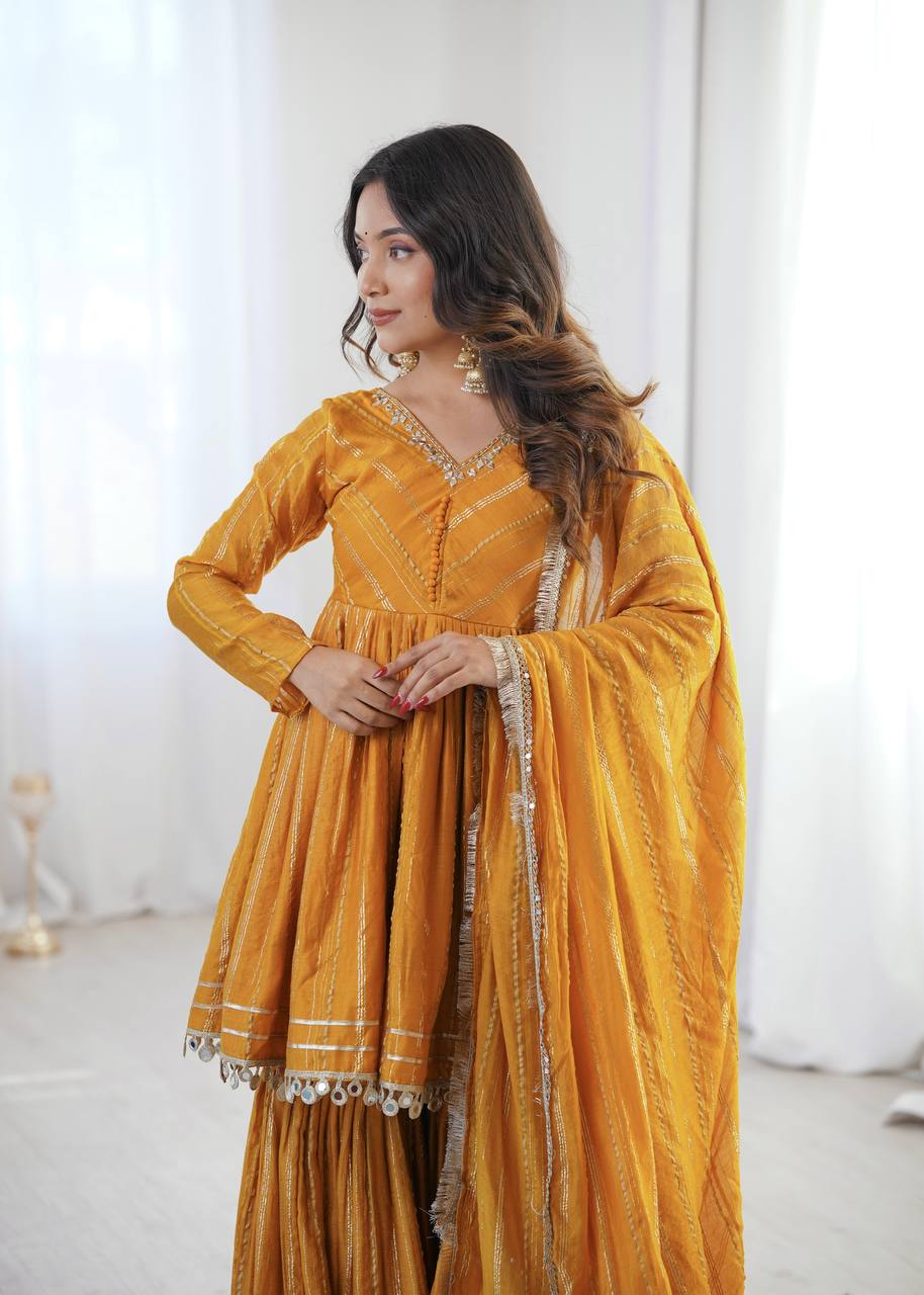 White Mal Chanderi Sharara Suit with Mirror Work