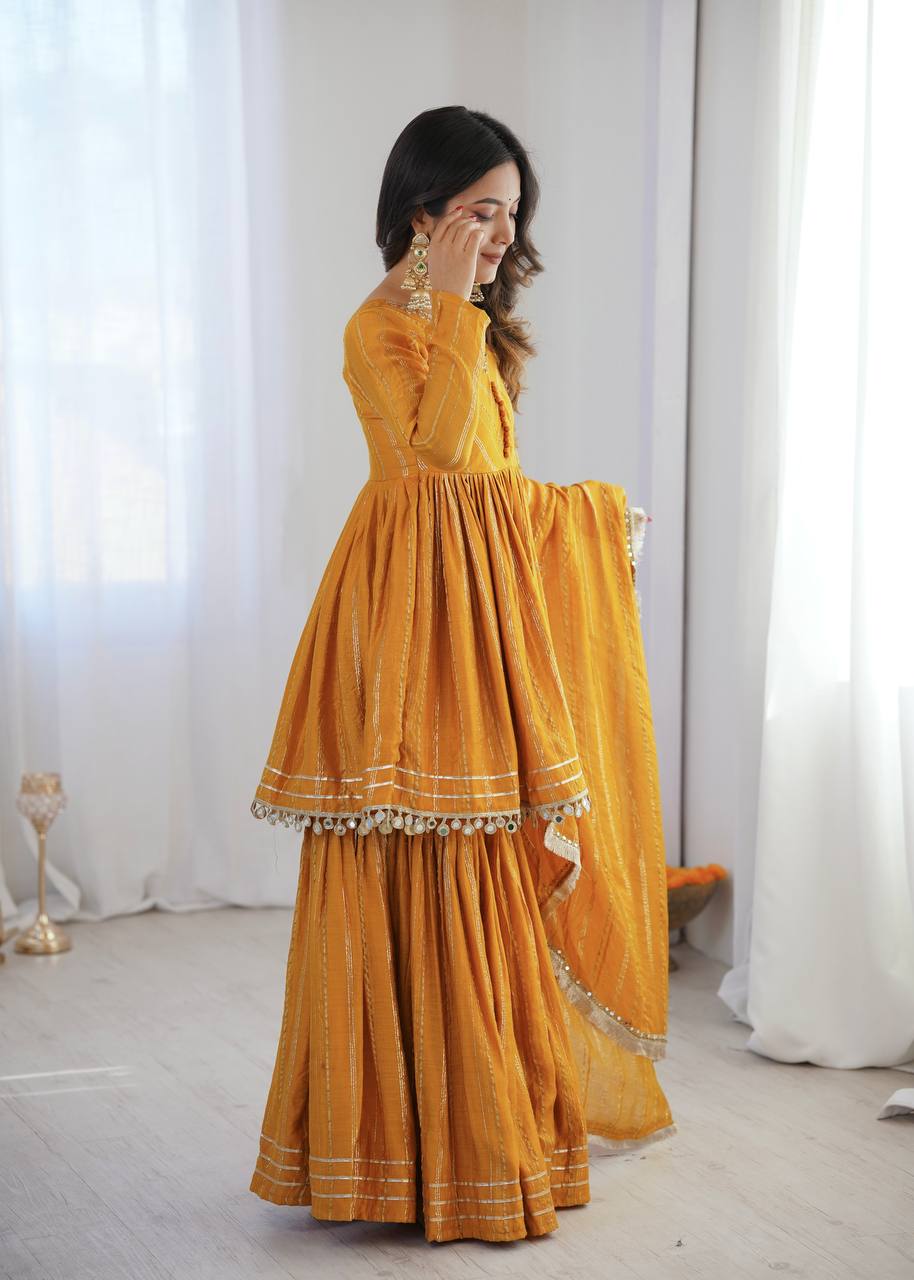 White Mal Chanderi Sharara Suit with Mirror Work