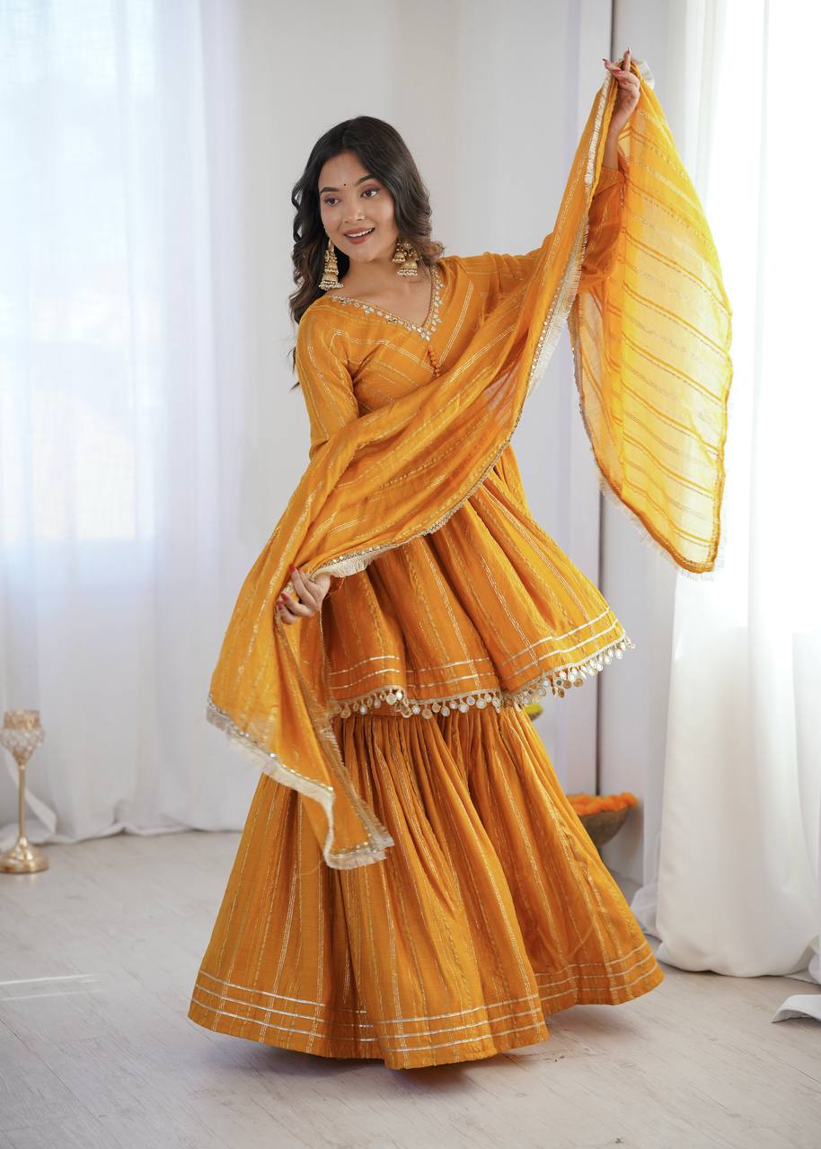 White Mal Chanderi Sharara Suit with Mirror Work
