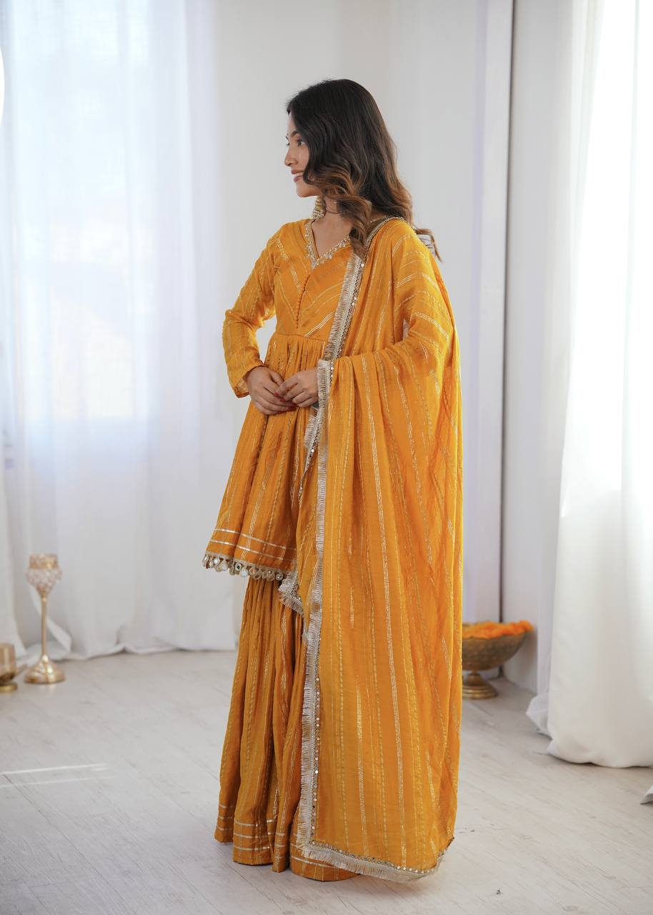 White Mal Chanderi Sharara Suit with Mirror Work