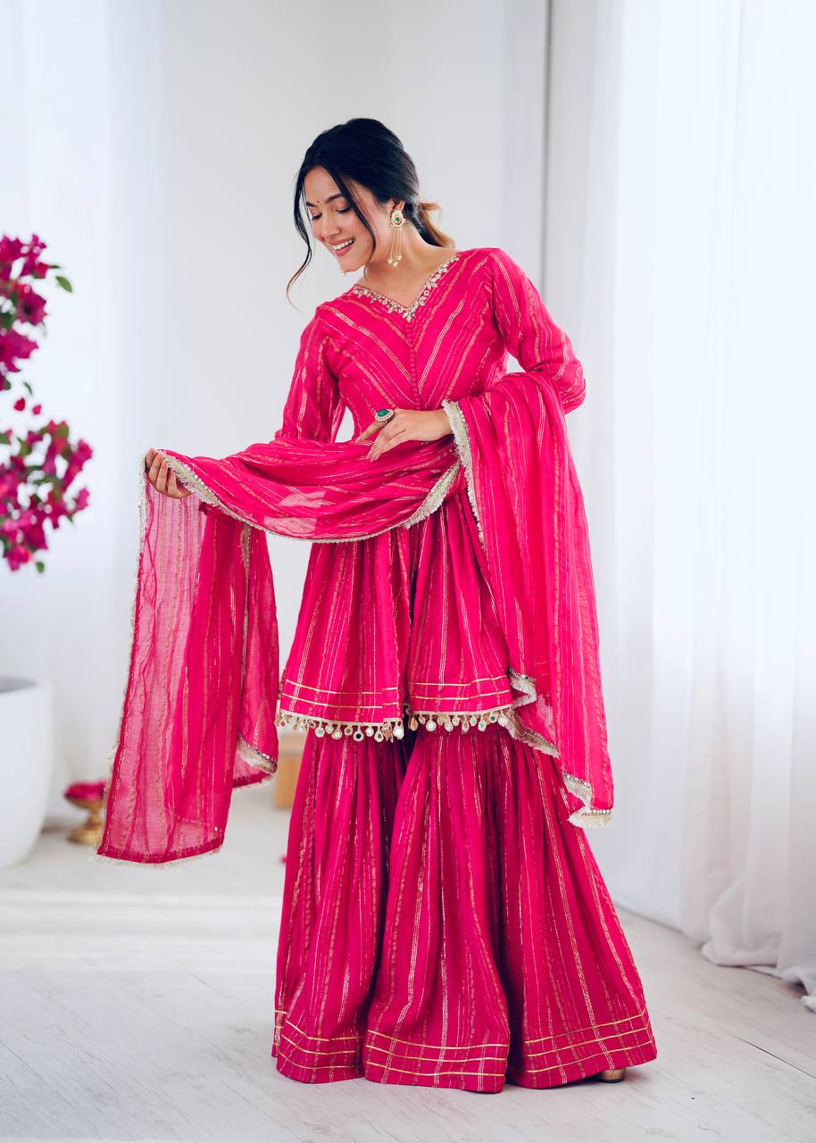White Mal Chanderi Sharara Suit with Mirror Work
