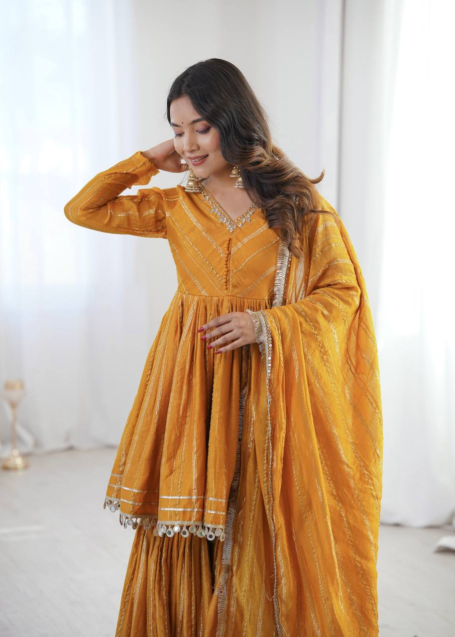 White Mal Chanderi Sharara Suit with Mirror Work