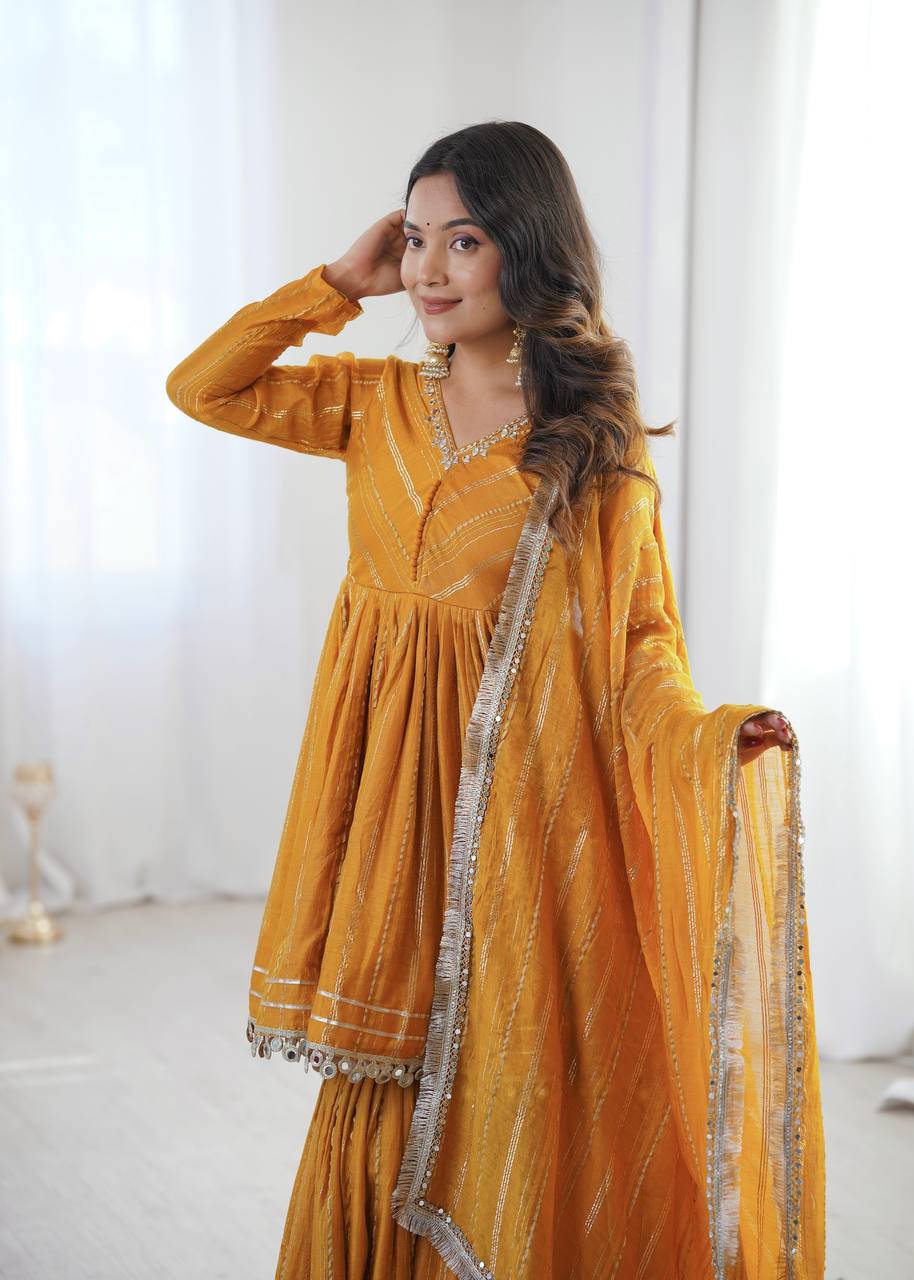 White Mal Chanderi Sharara Suit with Mirror Work
