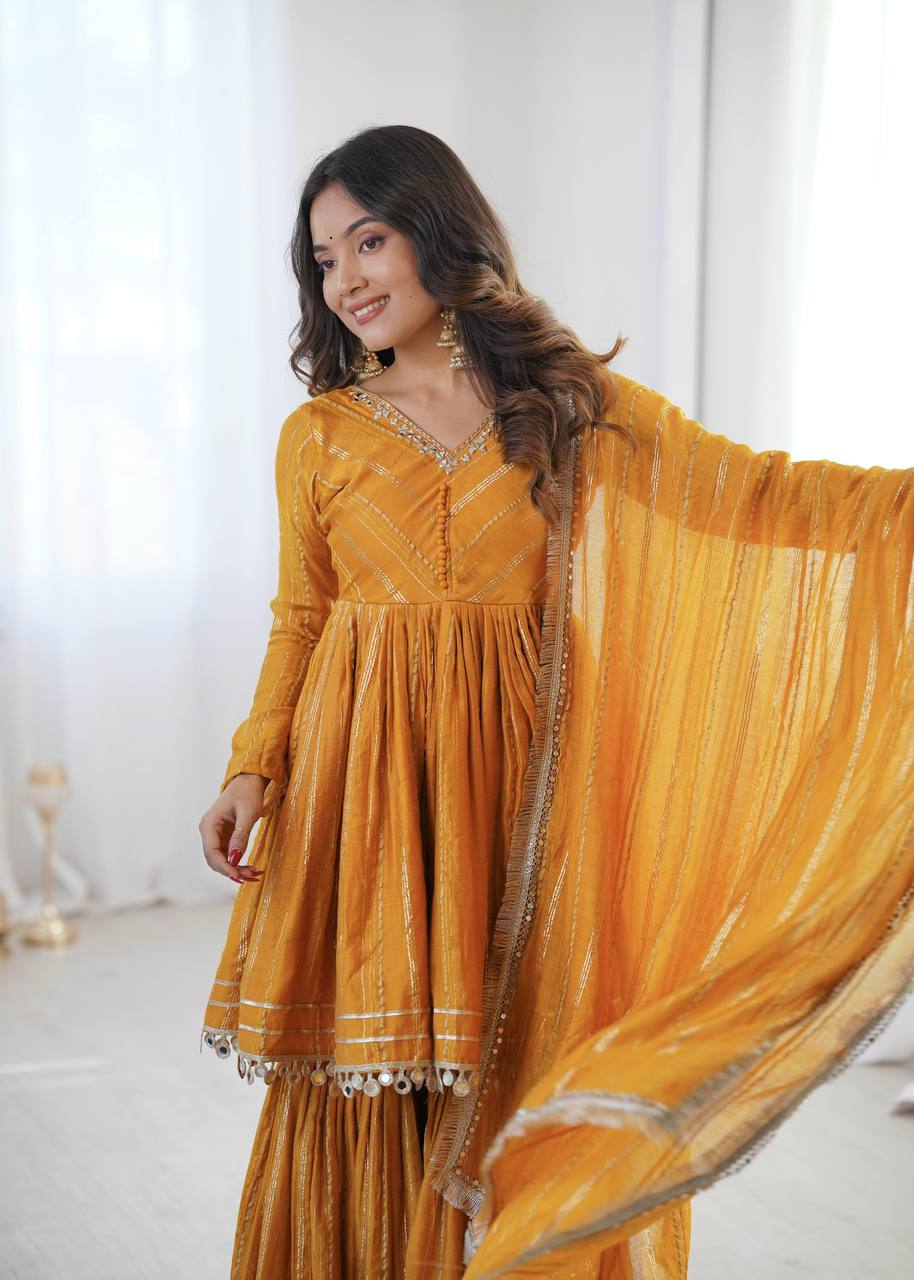 White Mal Chanderi Sharara Suit with Mirror Work