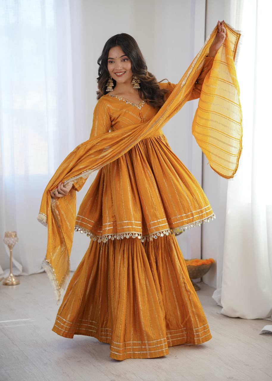 White Mal Chanderi Sharara Suit with Mirror Work