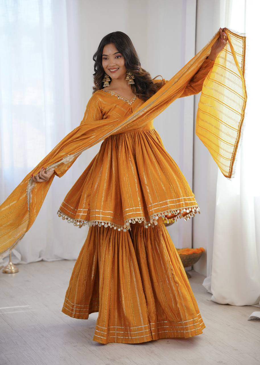 White Mal Chanderi Sharara Suit with Mirror Work