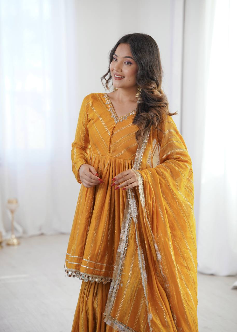White Mal Chanderi Sharara Suit with Mirror Work