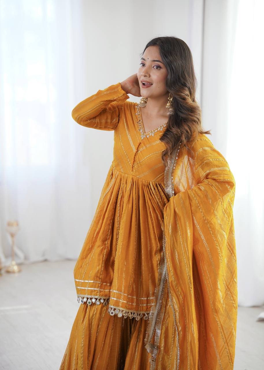 White Mal Chanderi Sharara Suit with Mirror Work
