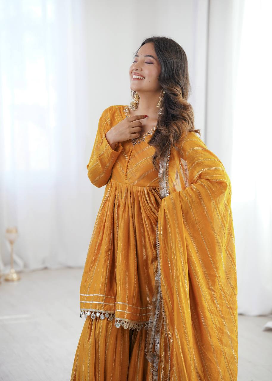 White Mal Chanderi Sharara Suit with Mirror Work