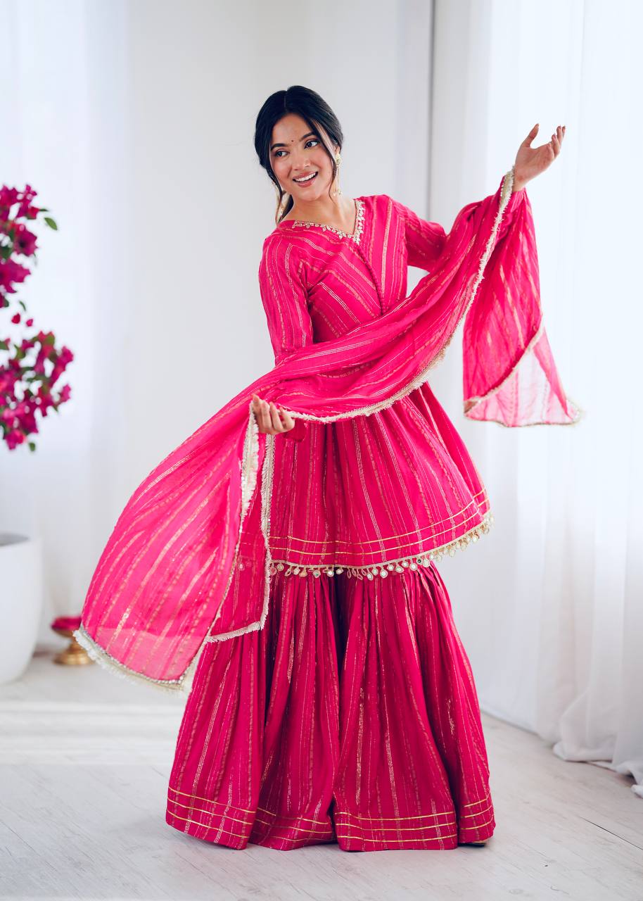 White Mal Chanderi Sharara Suit with Mirror Work