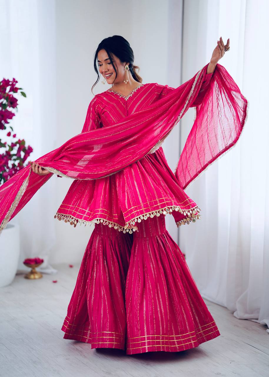 White Mal Chanderi Sharara Suit with Mirror Work