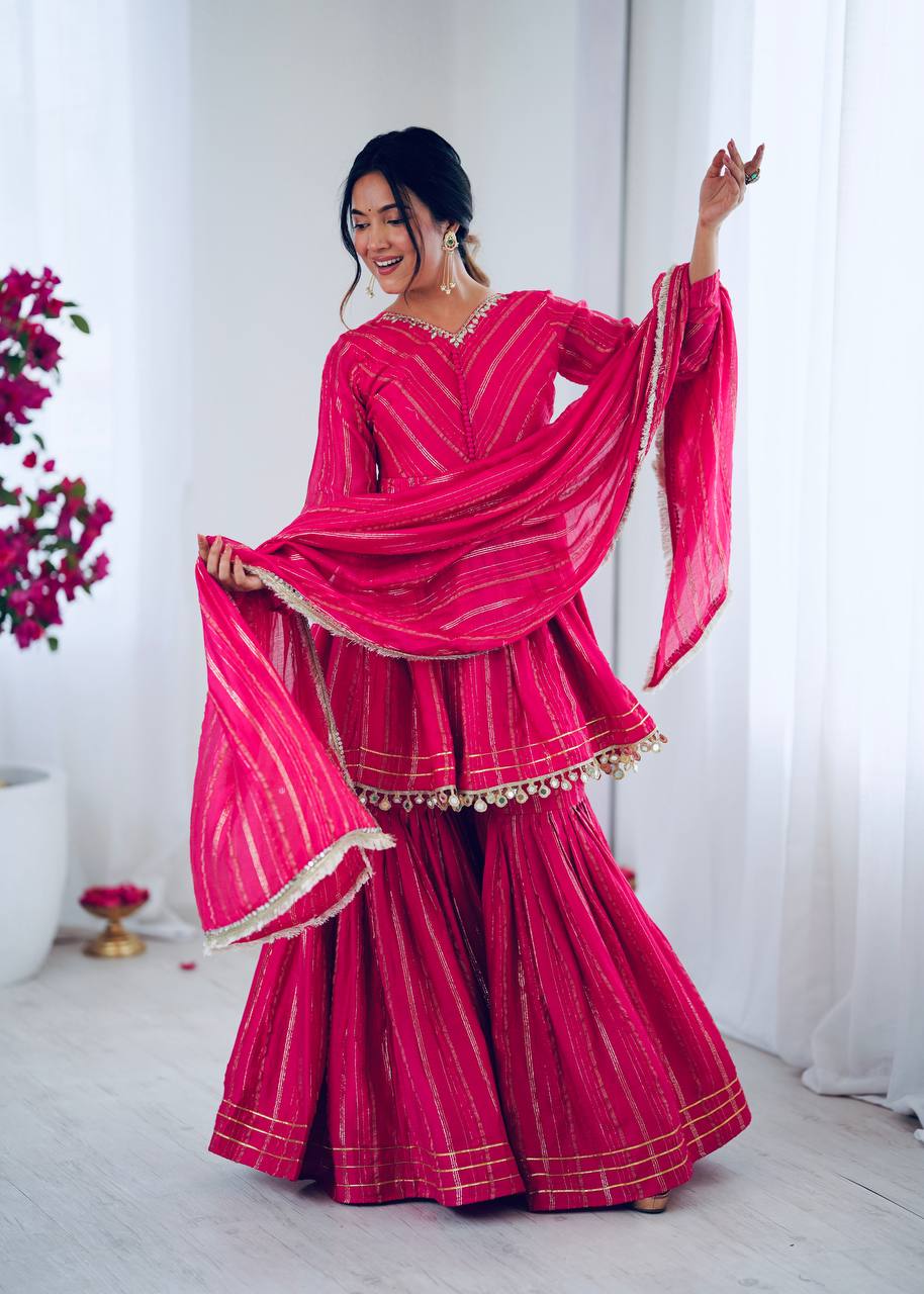 White Mal Chanderi Sharara Suit with Mirror Work