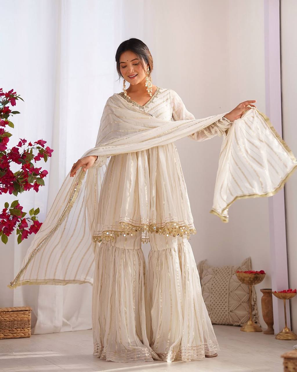 White Mal Chanderi Sharara Suit with Mirror Work