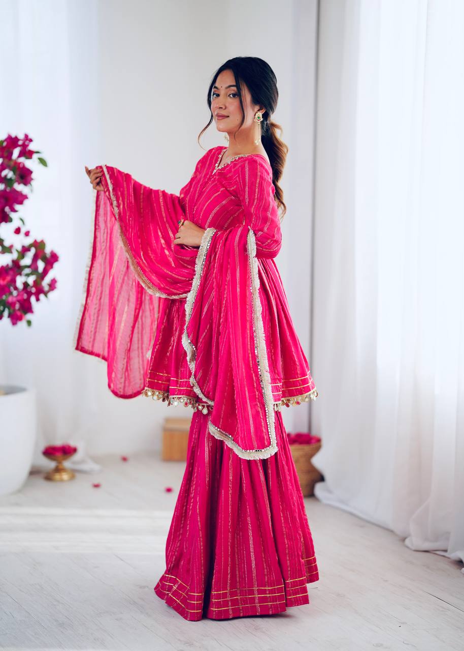 White Mal Chanderi Sharara Suit with Mirror Work