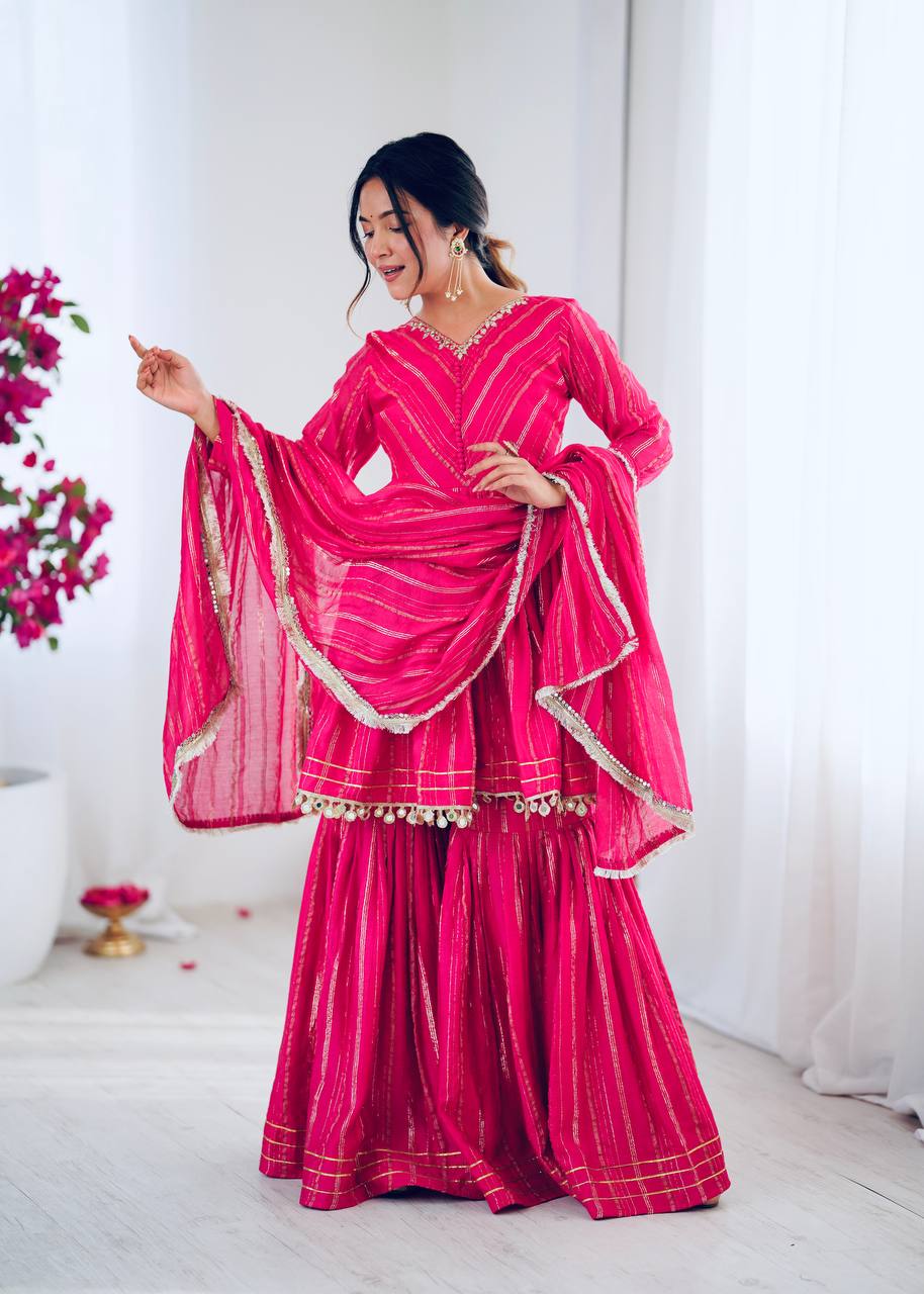 White Mal Chanderi Sharara Suit with Mirror Work