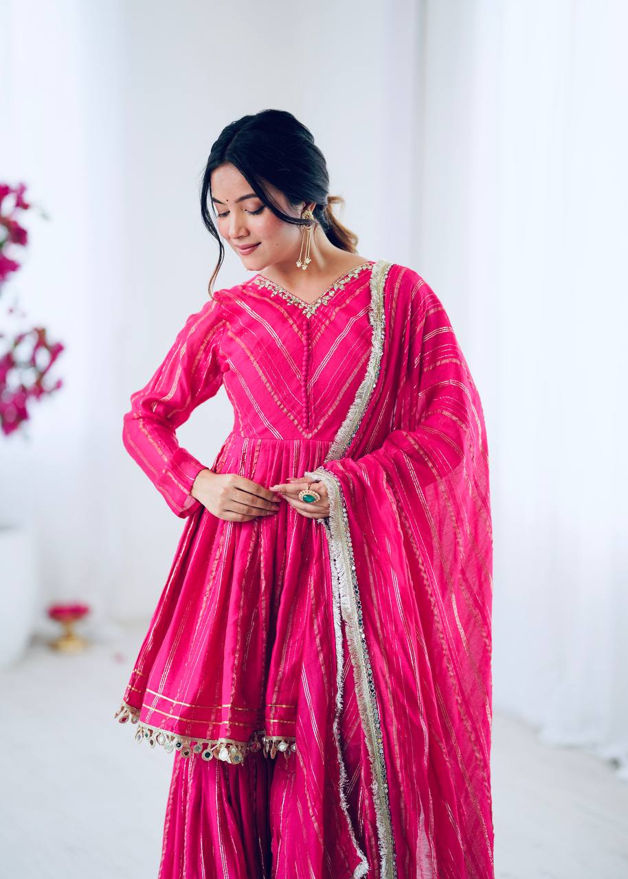 White Mal Chanderi Sharara Suit with Mirror Work
