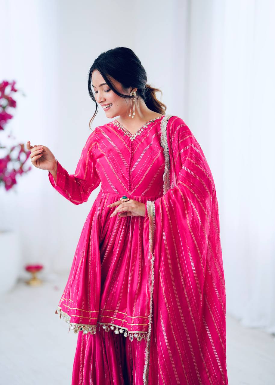 White Mal Chanderi Sharara Suit with Mirror Work