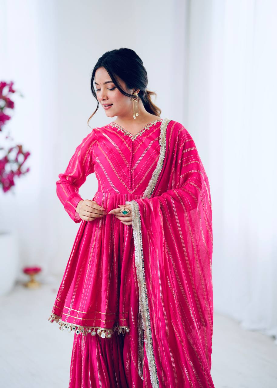 White Mal Chanderi Sharara Suit with Mirror Work