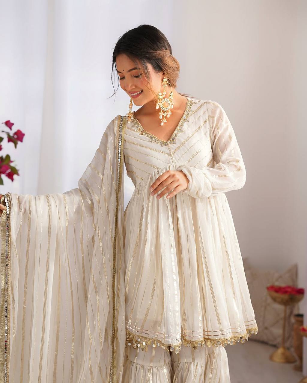 White Mal Chanderi Sharara Suit with Mirror Work