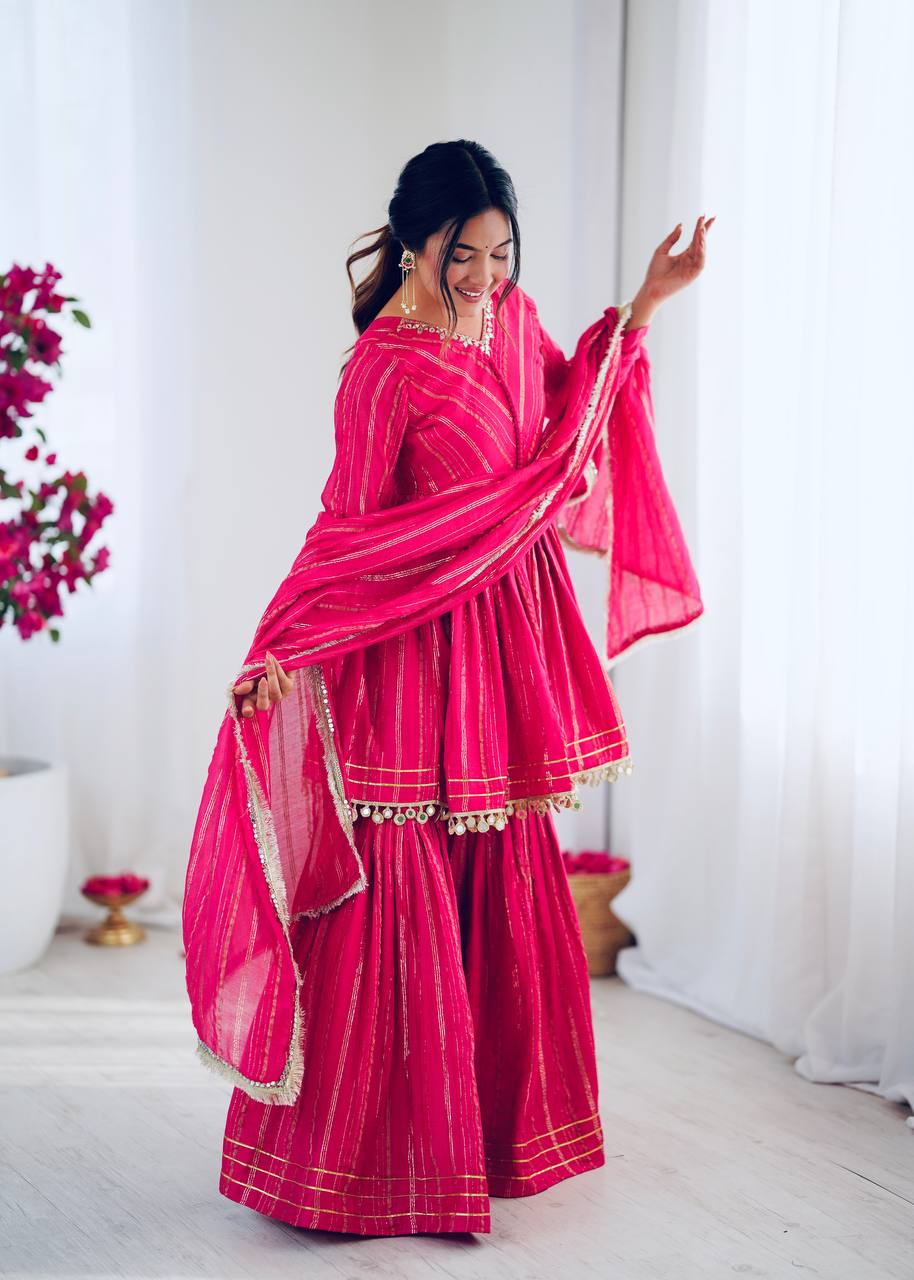 White Mal Chanderi Sharara Suit with Mirror Work