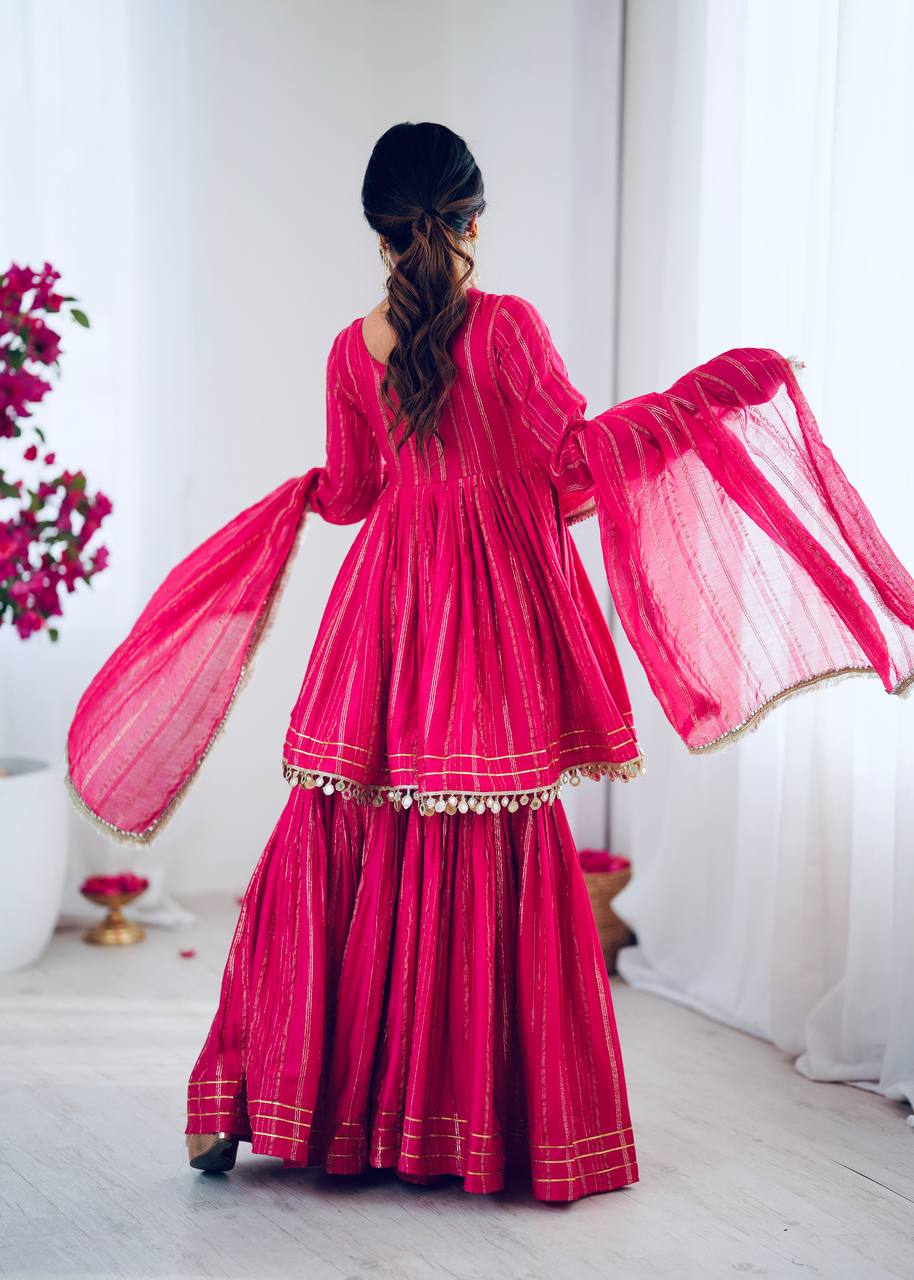 White Mal Chanderi Sharara Suit with Mirror Work