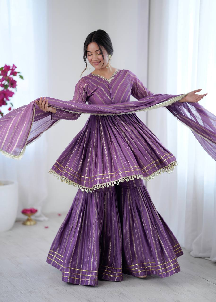White Mal Chanderi Sharara Suit with Mirror Work