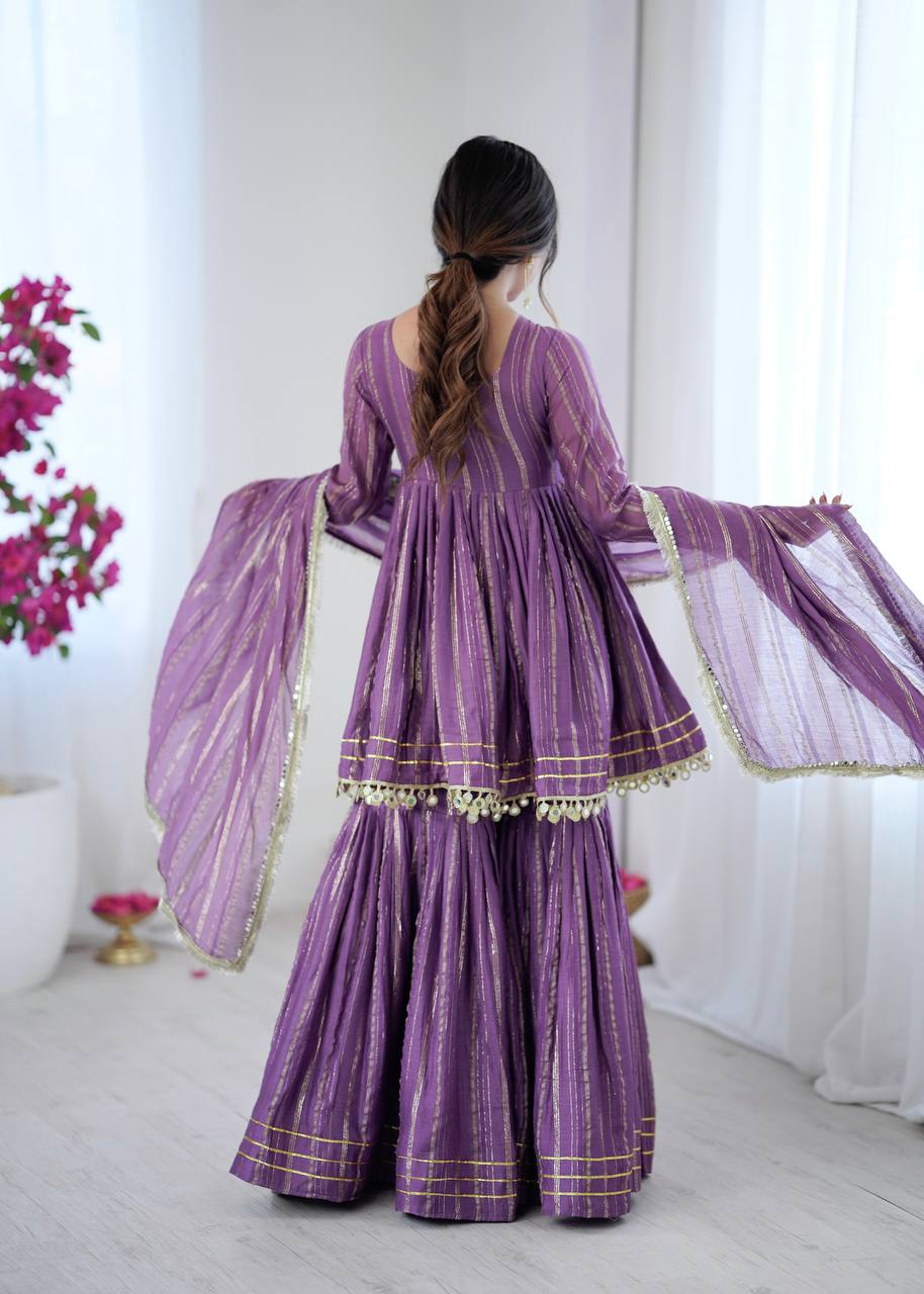 White Mal Chanderi Sharara Suit with Mirror Work
