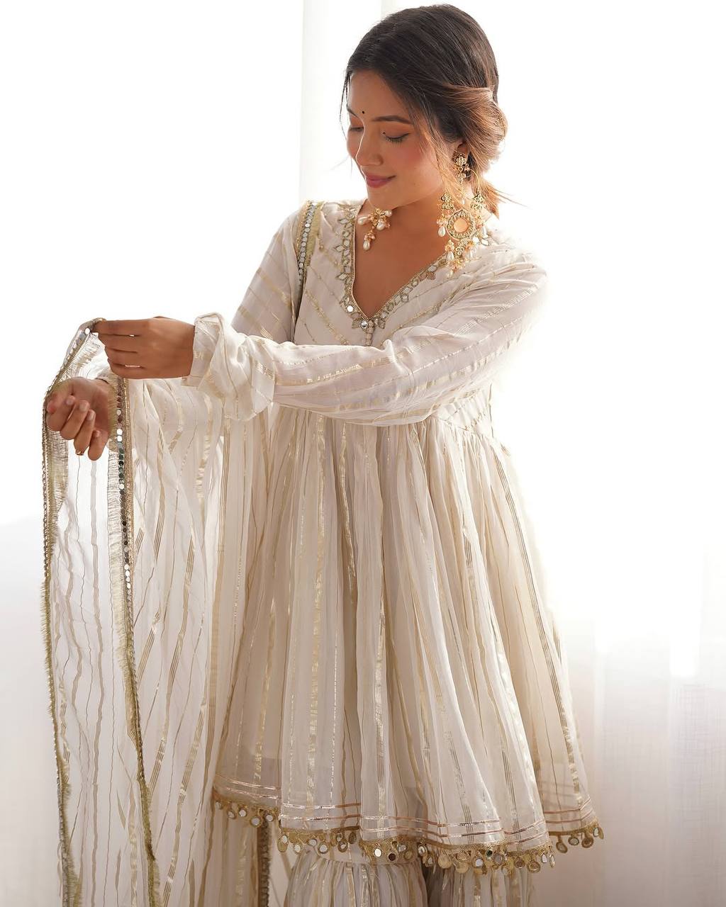 White Mal Chanderi Sharara Suit with Mirror Work