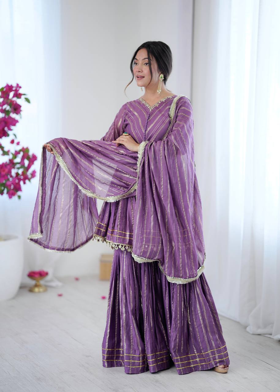 White Mal Chanderi Sharara Suit with Mirror Work