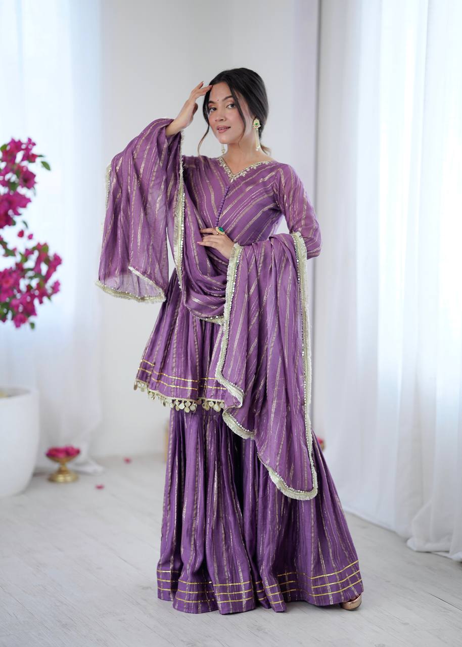 White Mal Chanderi Sharara Suit with Mirror Work