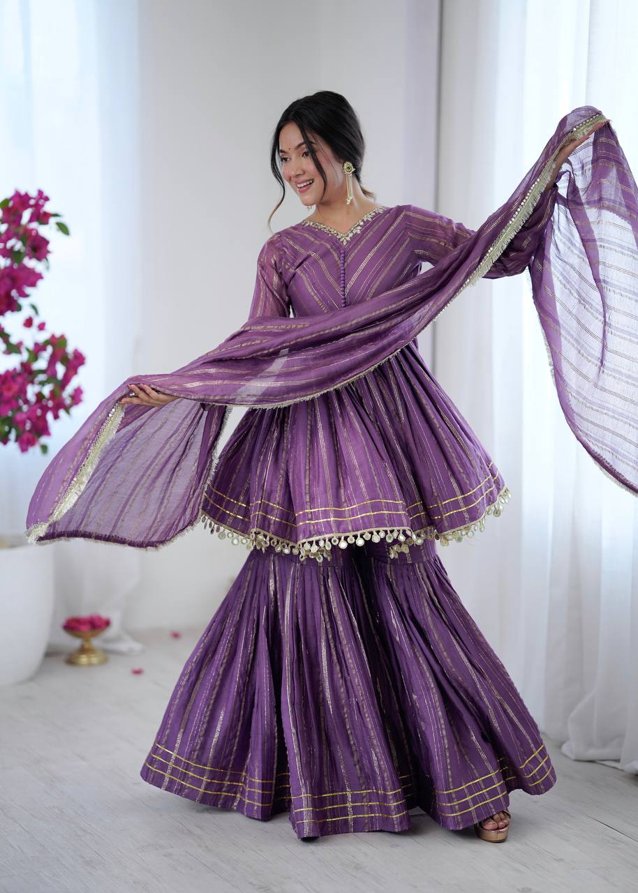 White Mal Chanderi Sharara Suit with Mirror Work