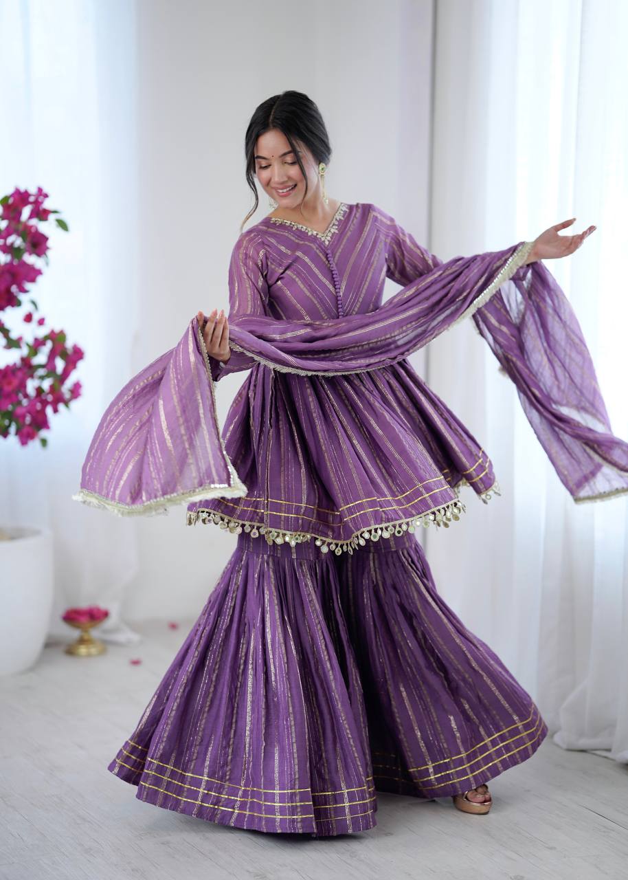White Mal Chanderi Sharara Suit with Mirror Work