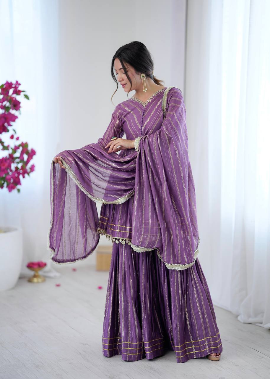White Mal Chanderi Sharara Suit with Mirror Work