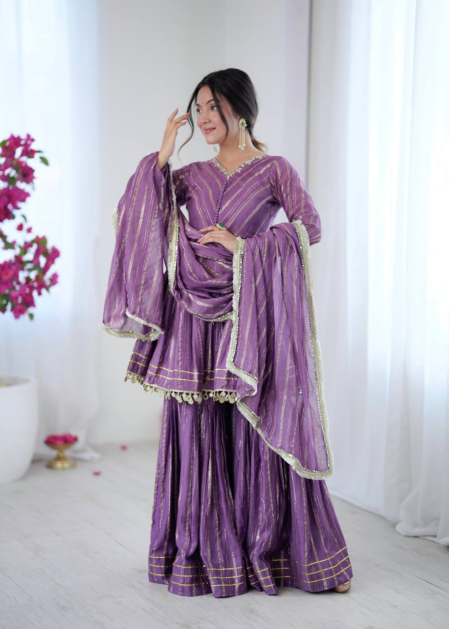 White Mal Chanderi Sharara Suit with Mirror Work