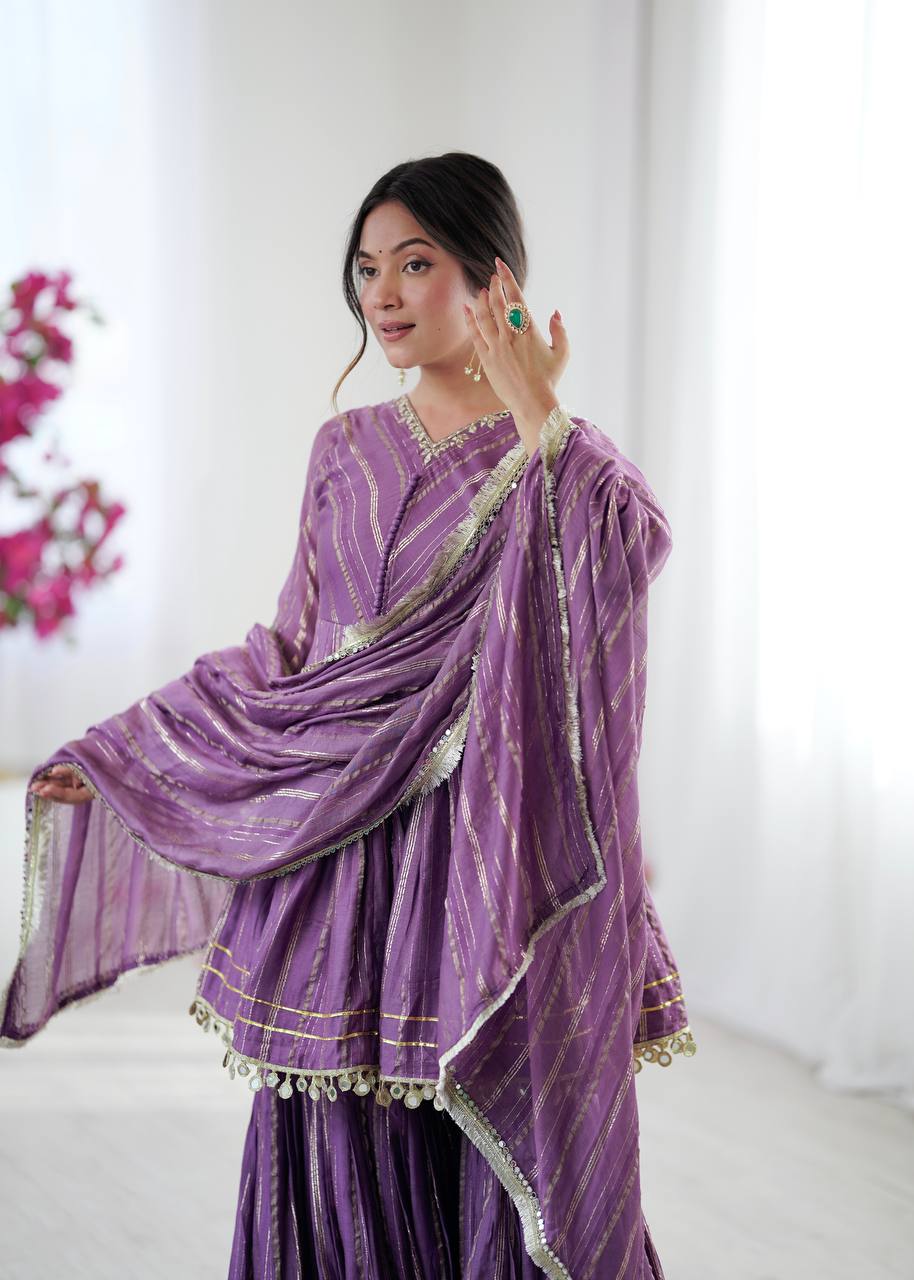 White Mal Chanderi Sharara Suit with Mirror Work