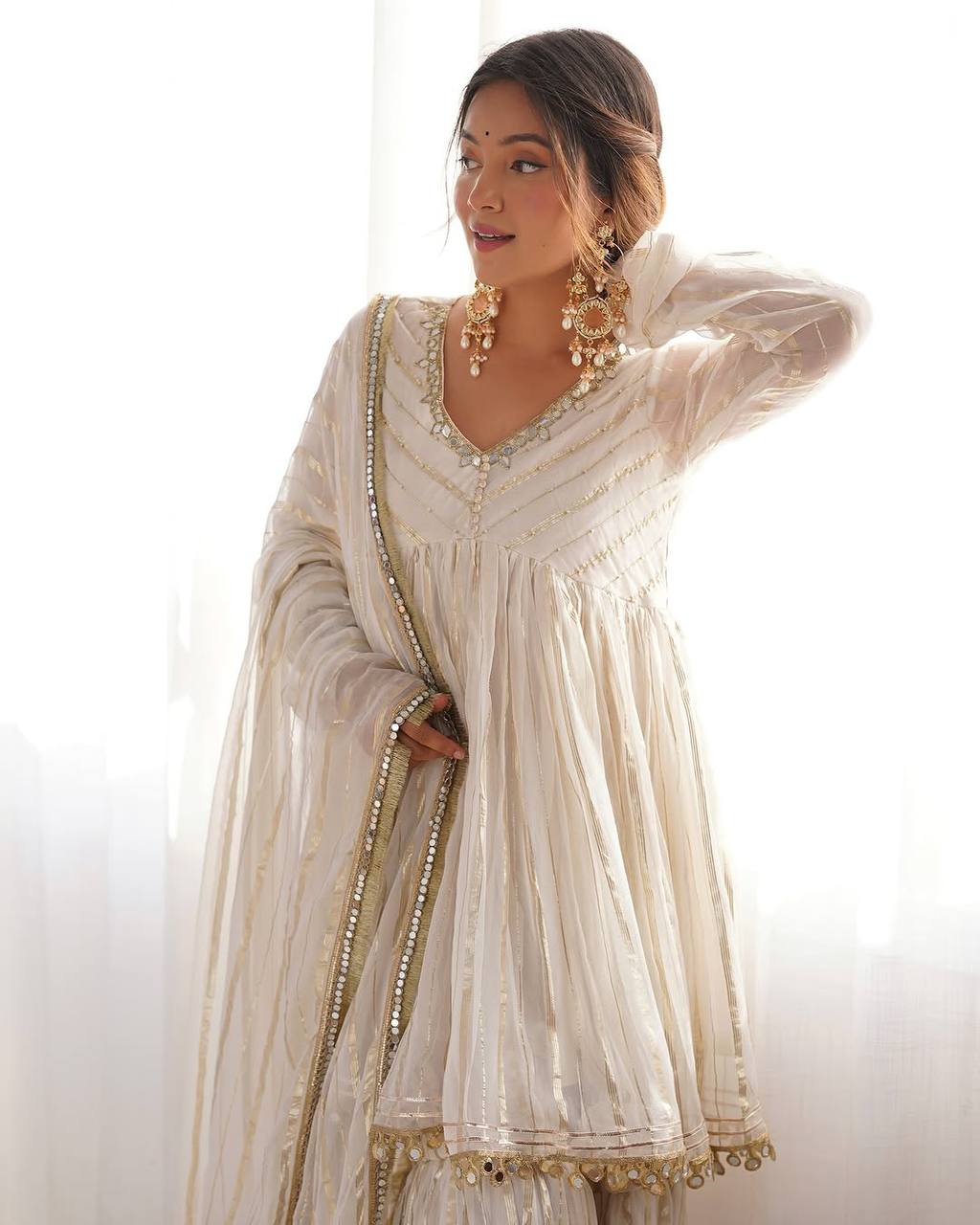 White Mal Chanderi Sharara Suit with Mirror Work