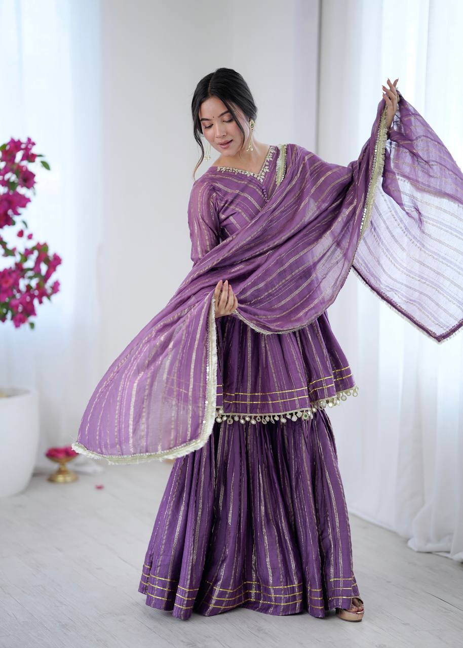 White Mal Chanderi Sharara Suit with Mirror Work