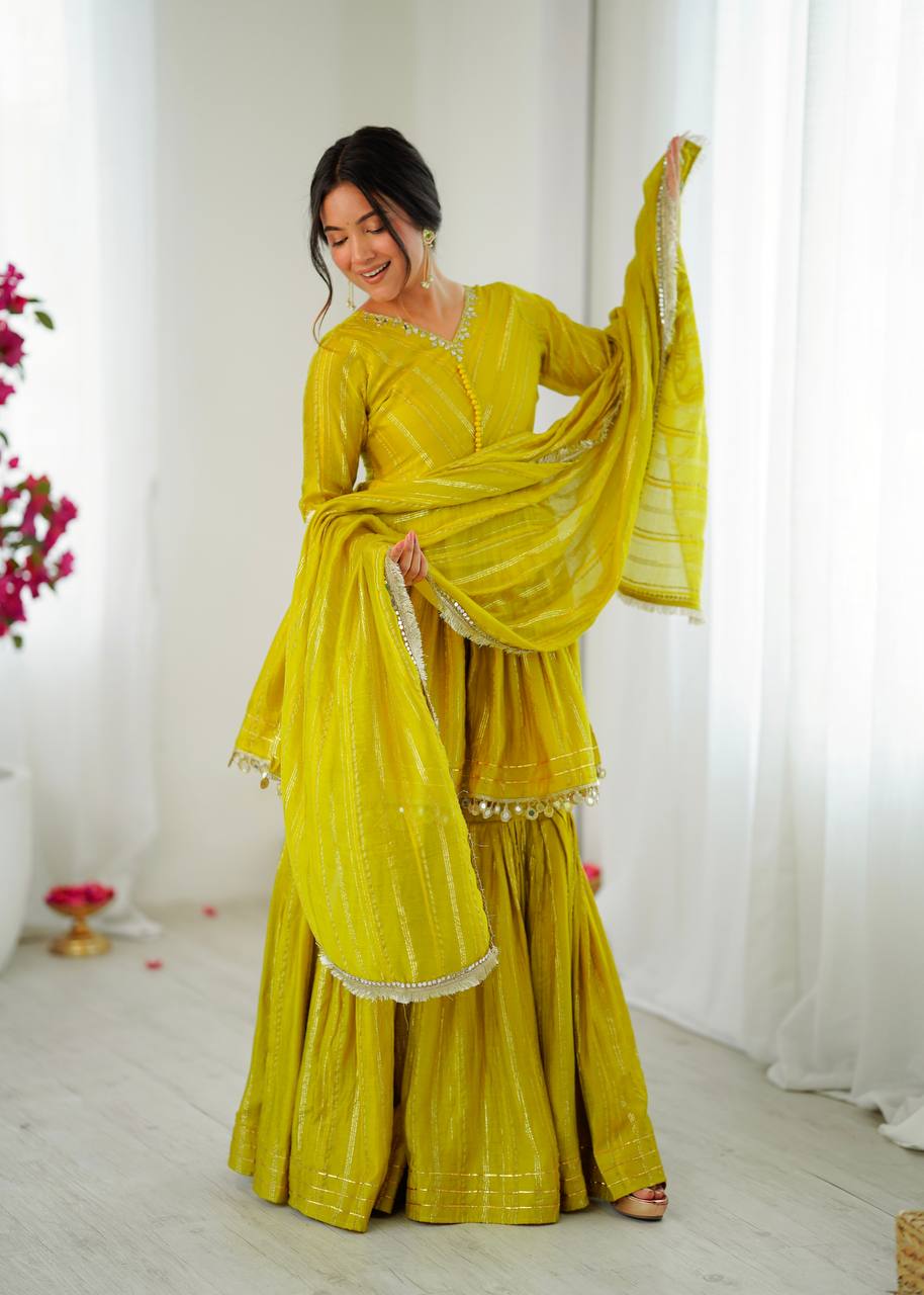 White Mal Chanderi Sharara Suit with Mirror Work