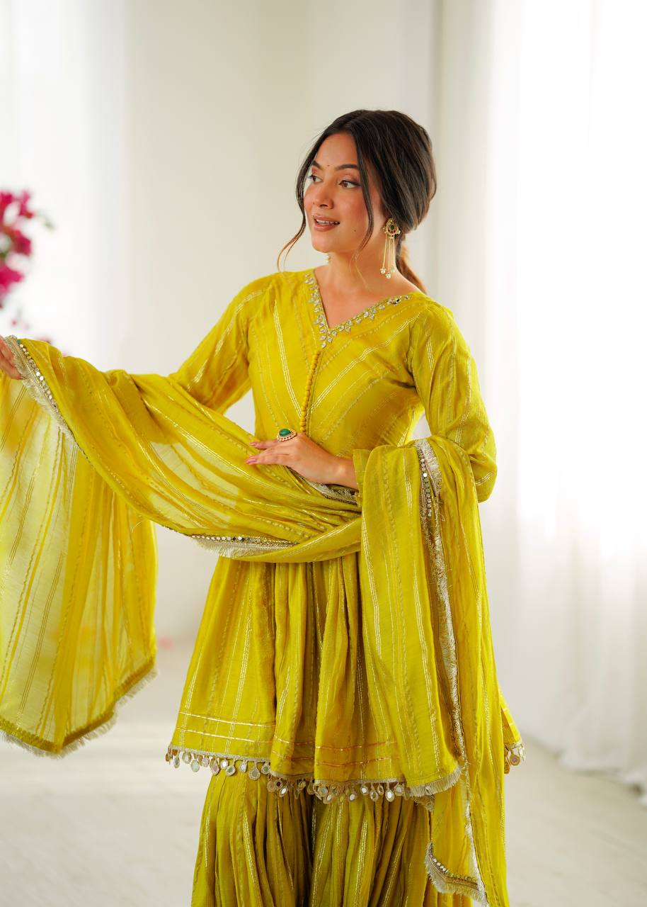 White Mal Chanderi Sharara Suit with Mirror Work