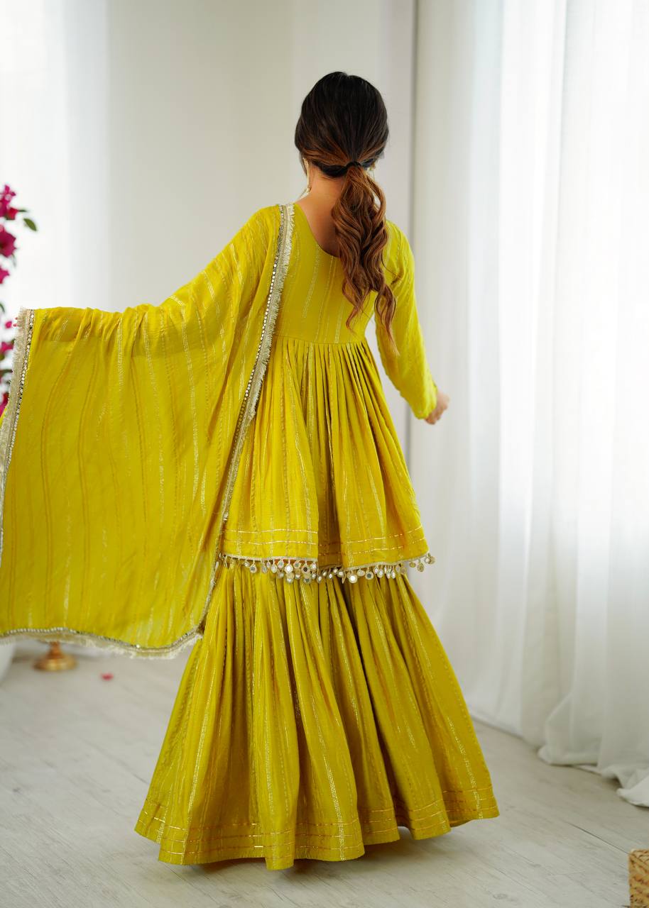 White Mal Chanderi Sharara Suit with Mirror Work