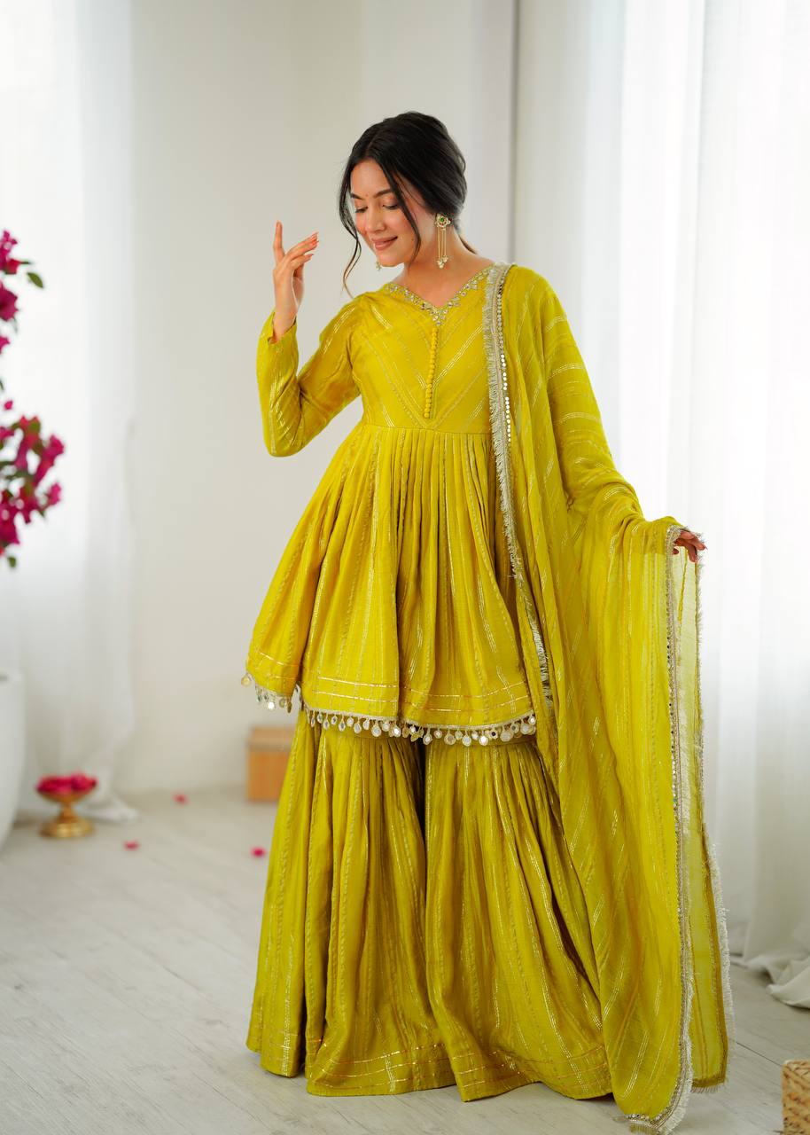 White Mal Chanderi Sharara Suit with Mirror Work