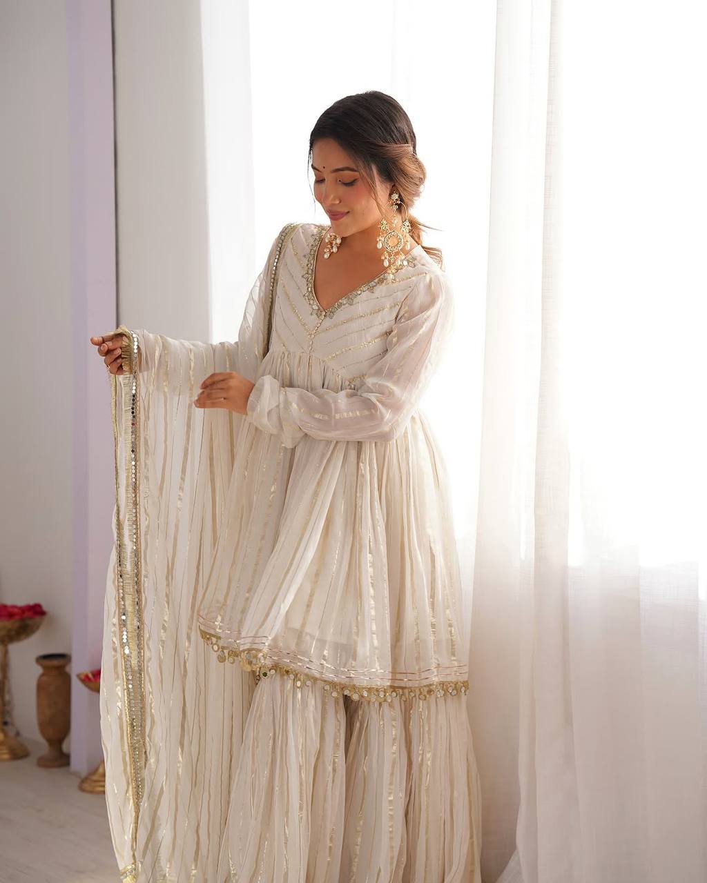 White Mal Chanderi Sharara Suit with Mirror Work