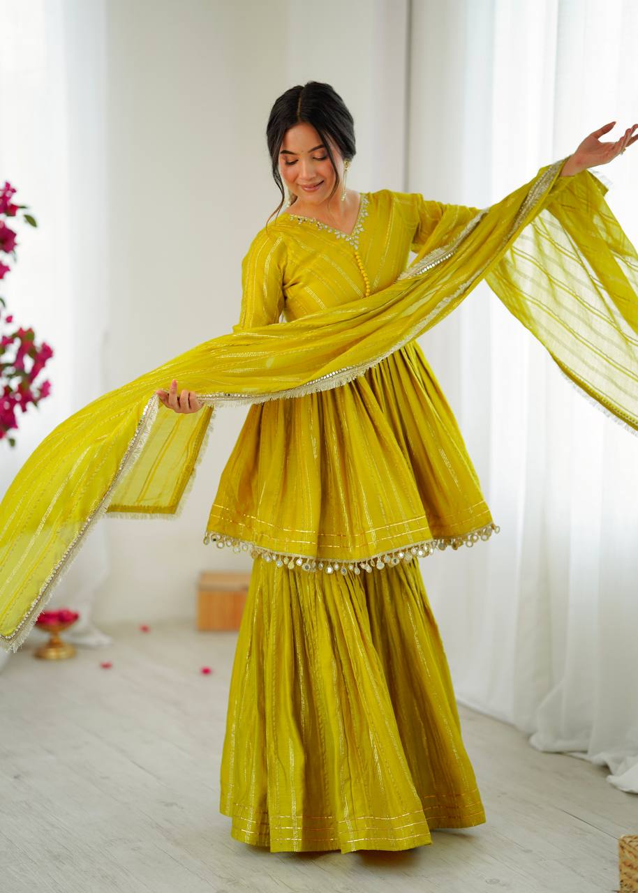 White Mal Chanderi Sharara Suit with Mirror Work